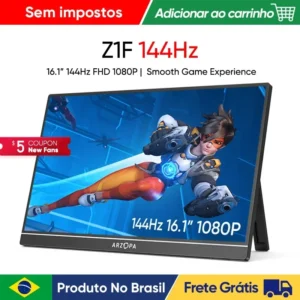 Monitor Portátil para Jogos ARZOPA Z1F de 16,1 Polegadas 144Hz, 1080P 300cd/ ㎡ Tela IPS para Laptop Mac, PC, Switch, PS, Xbox, Display Externo