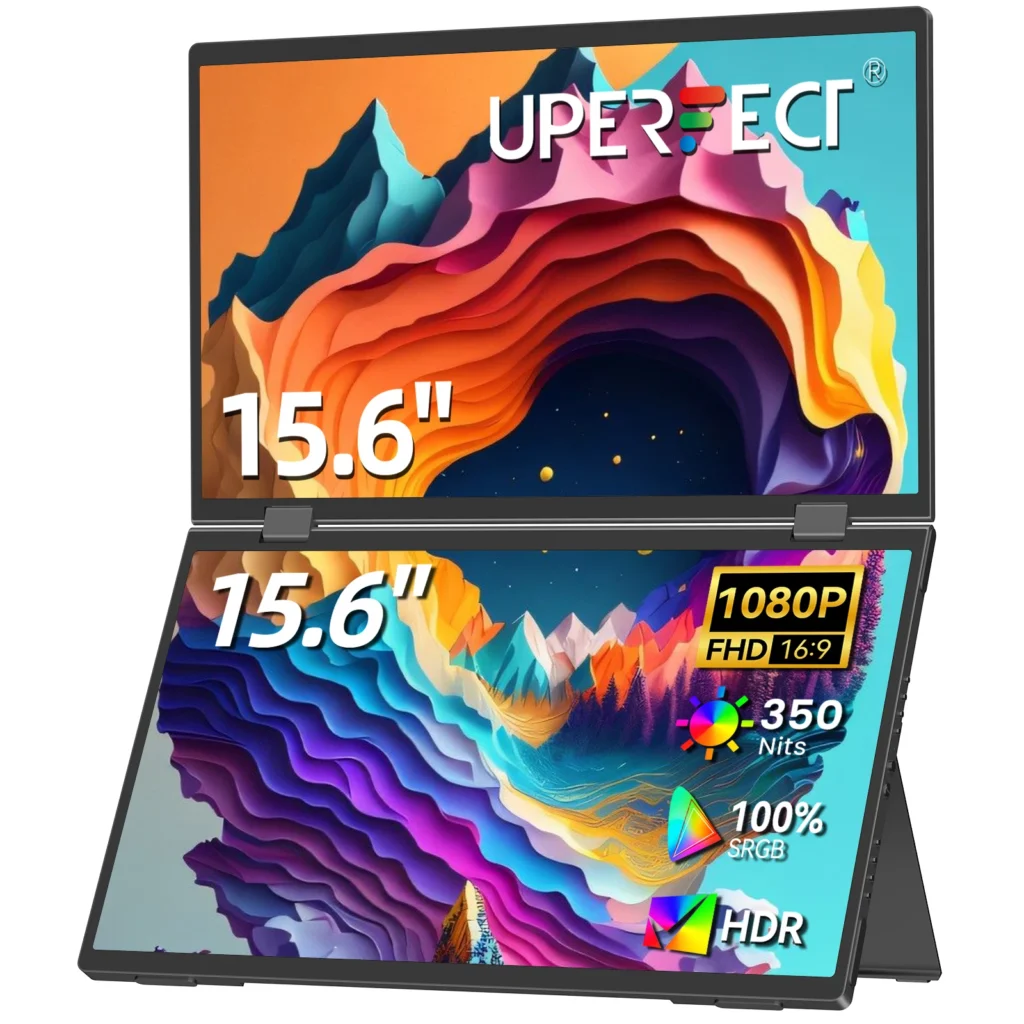 Monitor portátil duplo UPERFECT Delta 15,6" para laptop, extensor de tela 1080p HDR, dobrável, empilhado, triplo, tela de viagem com suporte para laptop, PC, Windows e Mac
