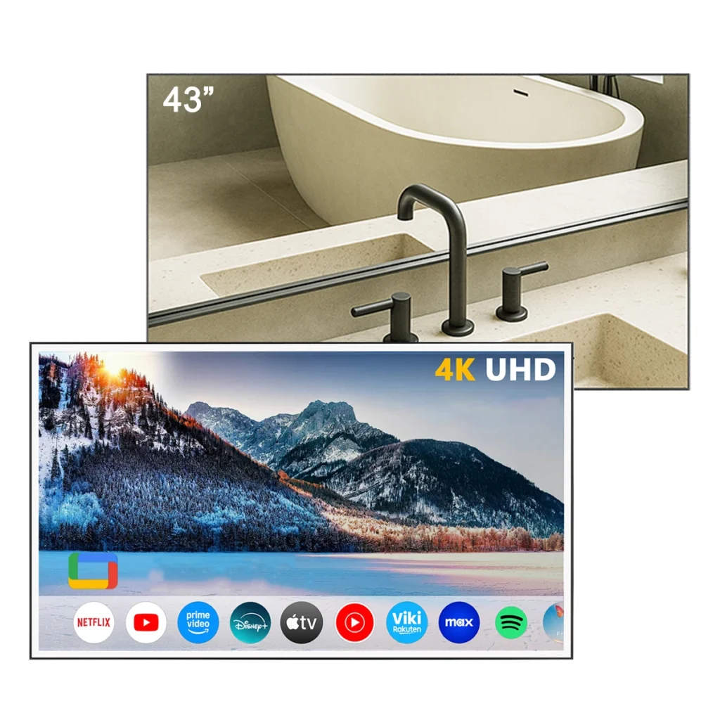 TV espelho inteligente 43" à prova d’água com Wi-Fi, Bluetooth e Android TV