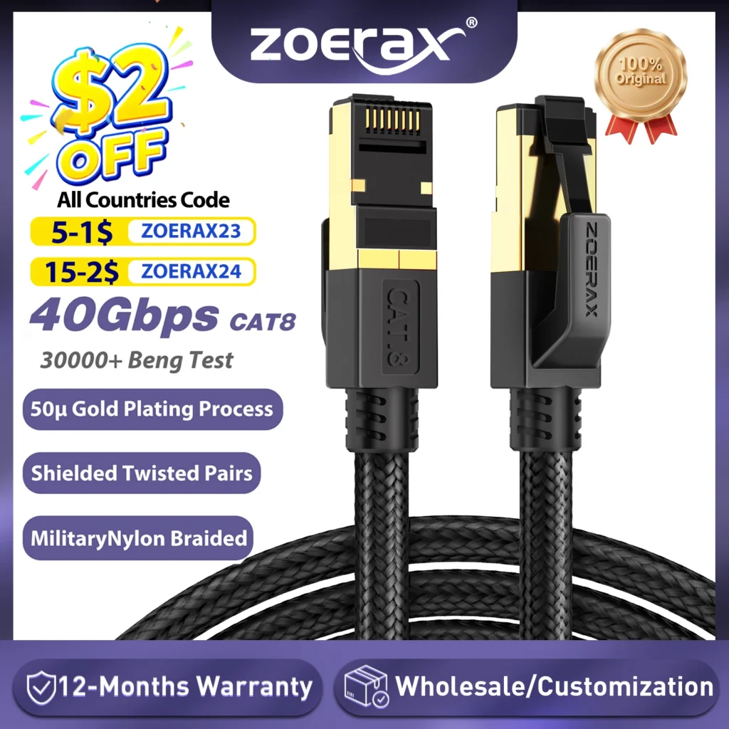 ZoeRax Cabo Ethernet Cat8 RJ45 40Gbps Nylon Trançado