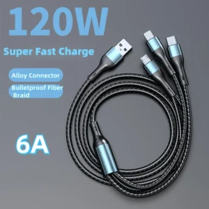 Cabo USB 3 em 1 120W Carga Rápida Tipo-C/Micro USB/iPhone