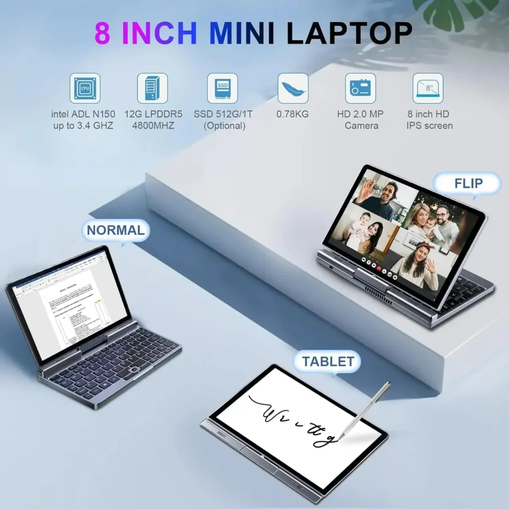 CHWEIDA 8 Polegadas 2-em-1 Bolso Laptop Intel Alder Lake N150 12GB DDR5 WiFi 6 Touchscreen Tablet PC