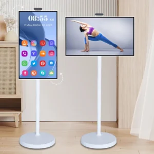 Smart TV portátil 32" touch com Android, câmera e suporte com rodas