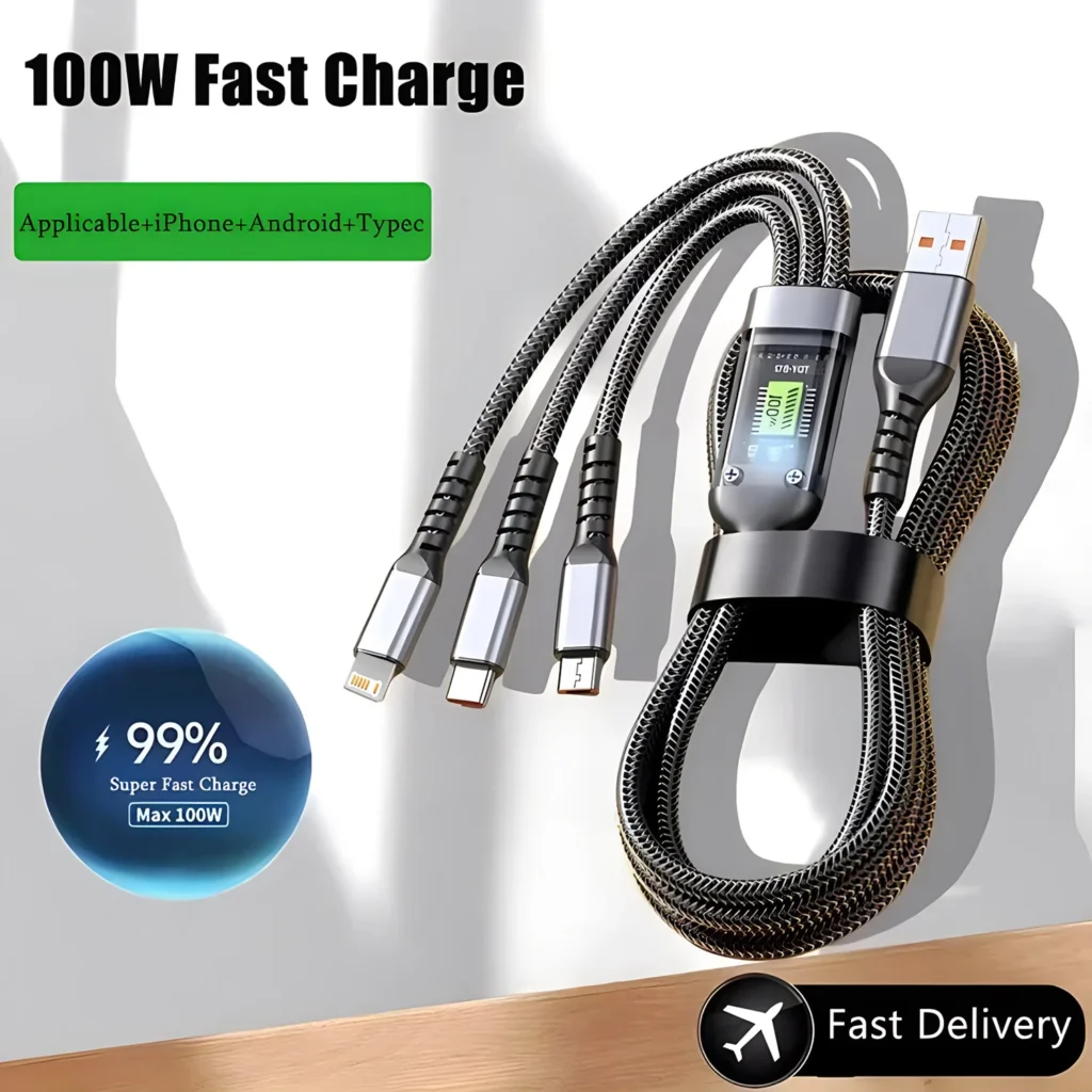 Cabo 3 em 1 100W Nylon Trançado USB-C/Micro/Lightning