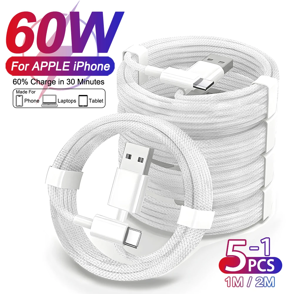 Kit Cabo USB-C 60W PD trançado para iPhone/Android (1–5 unidades)
